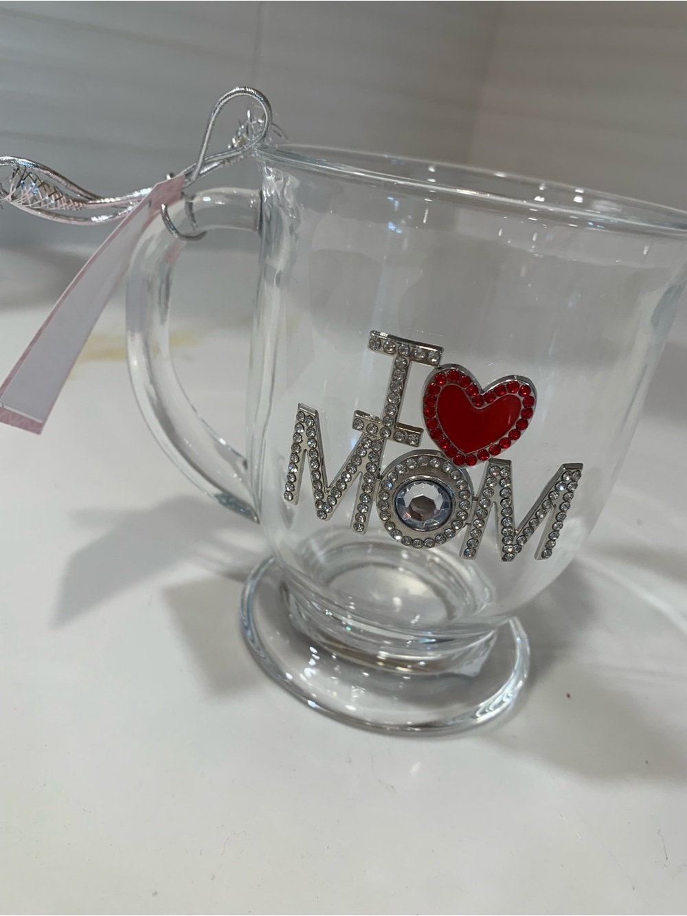 Clear Glass Rhinestone Mug with Red Heart for Mom